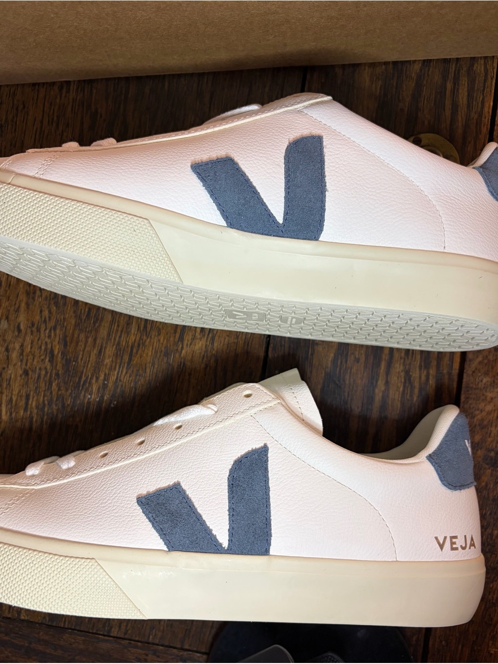 Veja White Leather Sneakers with Navy V Logo - Picture 2 of 8